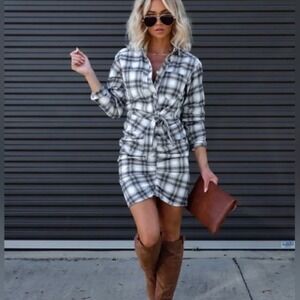 NWT Vici x Fate White Black Fall Plaid Cotton Shirt Dress Women's Size X-Large